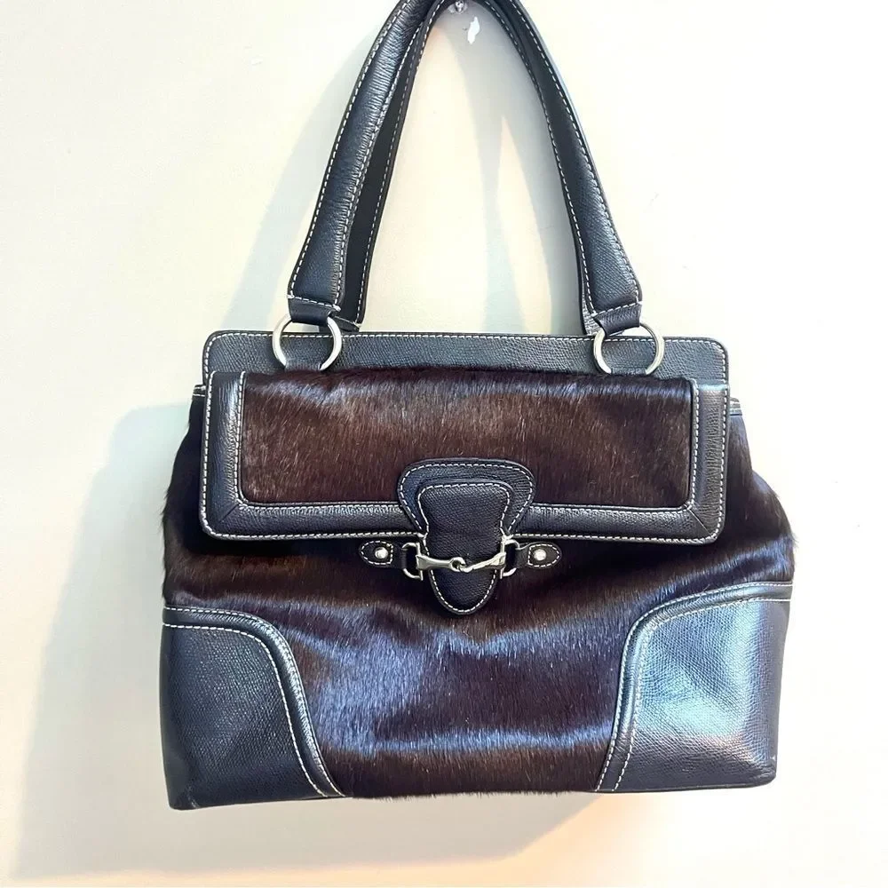 Talbots vintage leather and Haircalf Top-Handle Satchel in Dark Brown